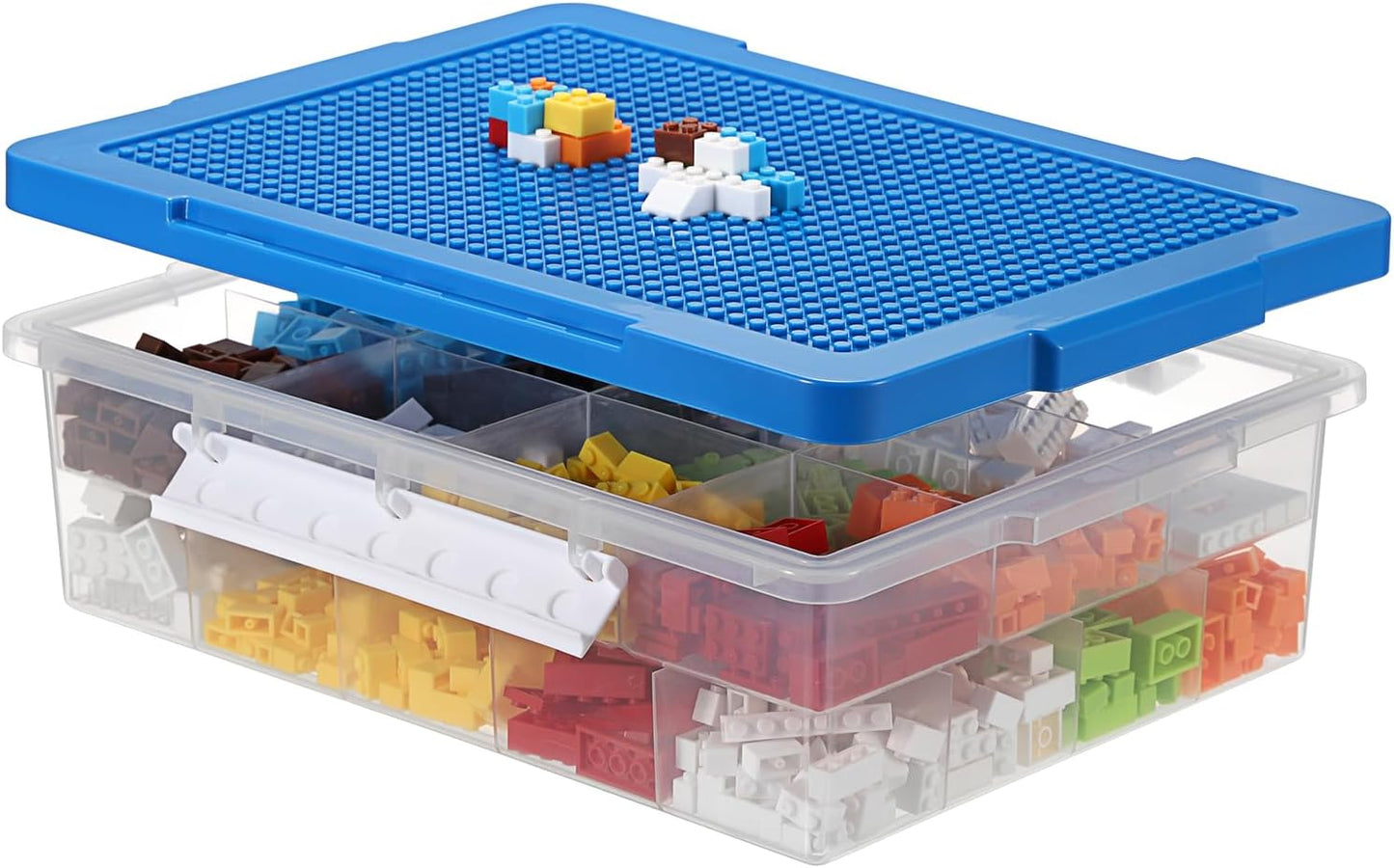 Plastic Organizer Bins for Blocks, Blocks Storage Container with Baseplate Lid Removable Tray, Stackable Double Layer 30 Slots Clear Storage Box Organizer for Bricks, Crafts, Beads(Blue)
