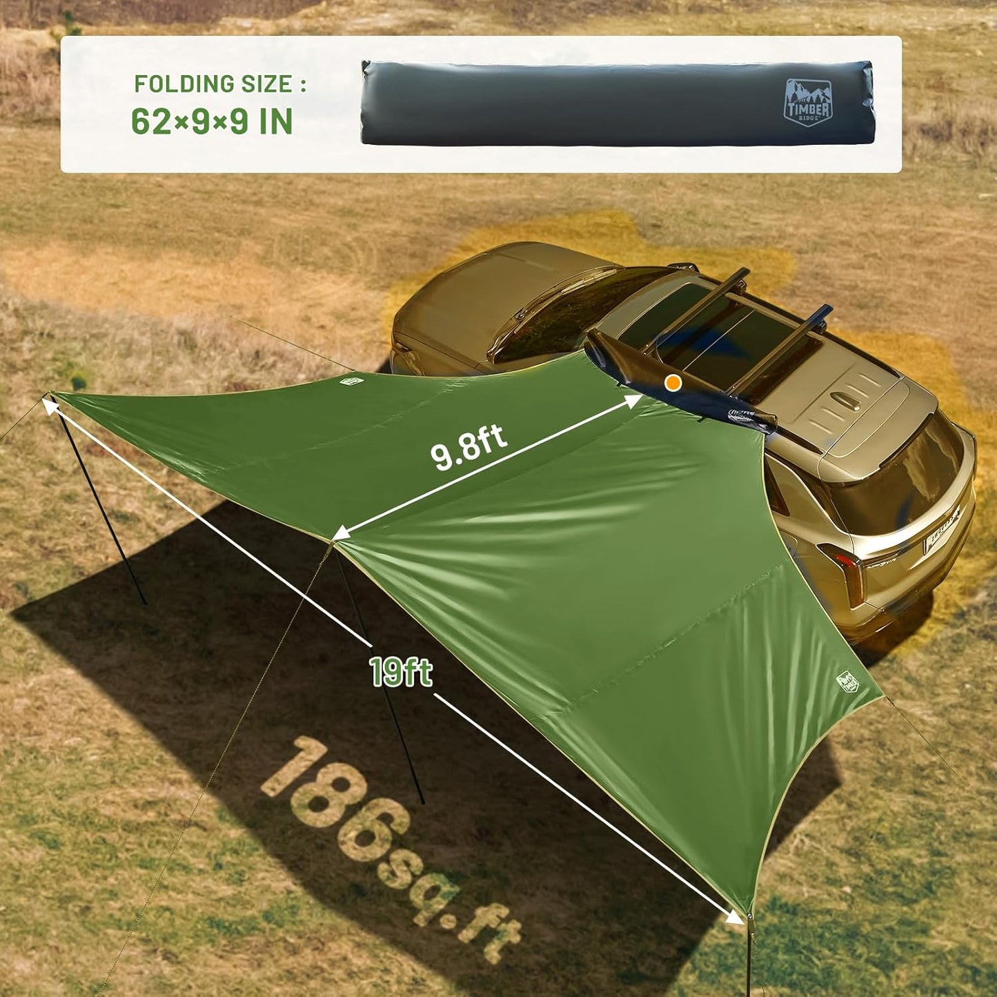 TIMBER RIDGE 19x9.8ft Retractable Vehicle Awning with Blackout Coating Roof Rack Pull-Out Sun Shade Overland Camping, Waterproof Sun Shelter for Car/Truck/Jeep/SUV/Van Green