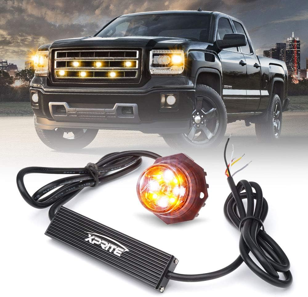 Xprite White LED Hideaway Strobe Lights Kit with 14 Flash Patterns, Surface Mount Headlight Taillight Grill Flashing Light for Construction Towing Snow Plow Pickup Work Trucks Cars - 4PCS