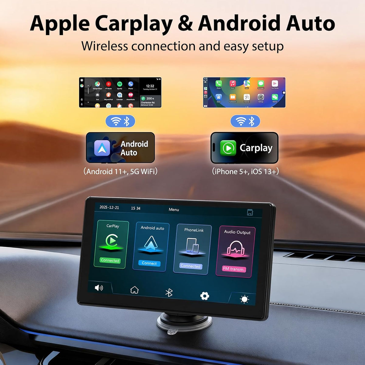 9 Inch Carplay Screen for Car, Wireless CarPlay & Android Auto | Portable Touchscreen with Bluetooth, FM, Mirror Link, Voice Control, GPS Navigation, Hands-Free Calling, Plug & Play