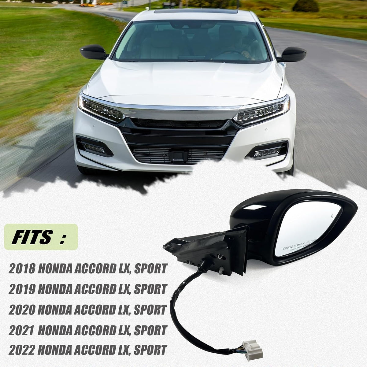 Right Passenger side Mirror Fits 2018-2022 Honda Accord LX, Sport With Power Glass, Heated, Blind Spot Detection and Manual Folding Match to Crystal Black Pearl Replace HO1321329 (7Pins)
