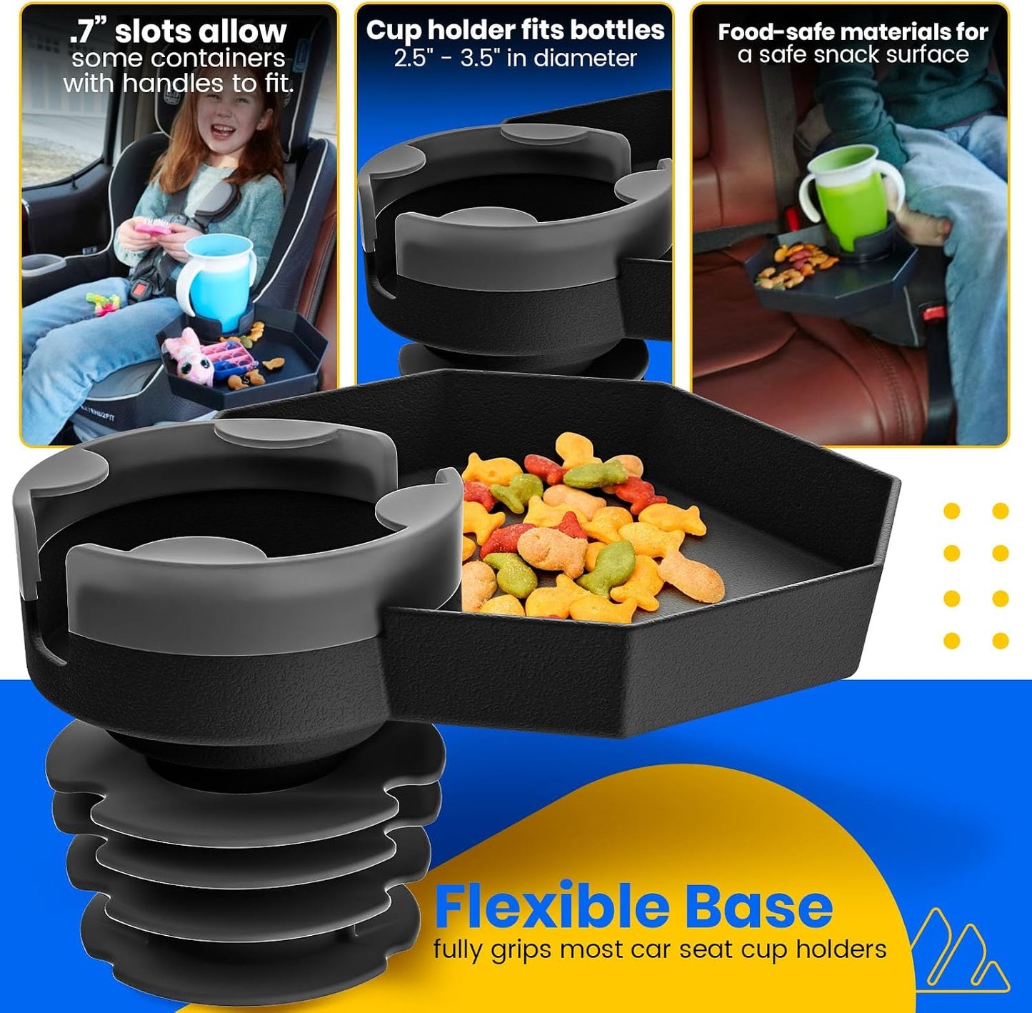 Kids Travel Tray – Large Base - Car Seat and Car Cup Holder Tray - Tray for Snacks, Entertainment, Toys – Includes Cup Holder – Fits Most Car Seats