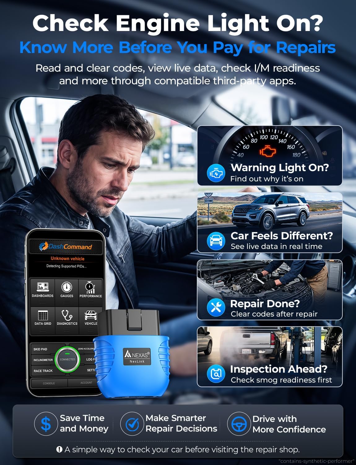 NEXAS NexLINK Bluetooth OBD2 Scanner with Live Data for All US Cars