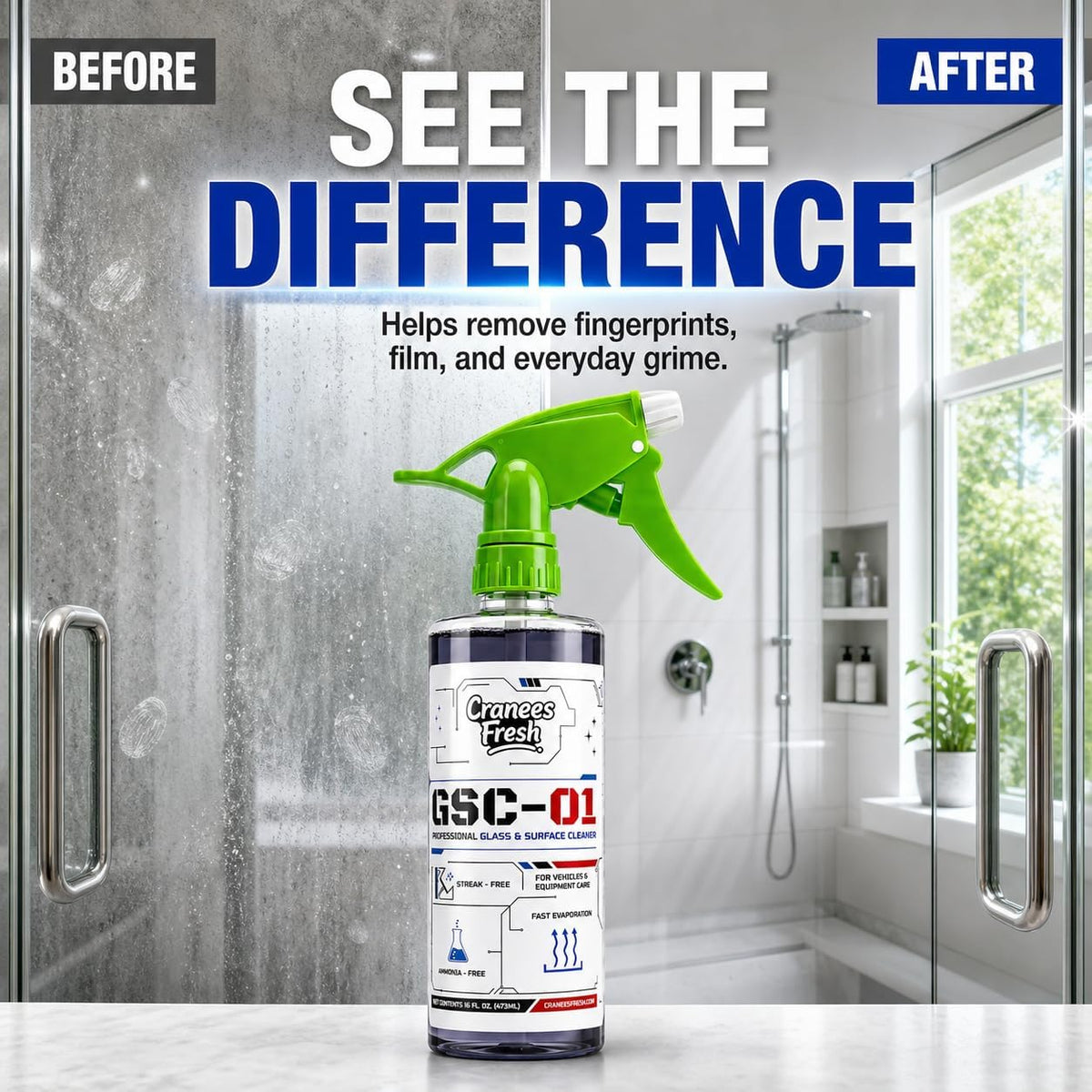 Glass & Surface Cleaner Spray, Streak-Free, Ammonia-Free, Tint Safe, Made in USA Car, Home, Shower Glass, Mirror & Multi-Surface Cleaner with Leak-Resistant Sprayer (16oz) | Streak Free Window Cleaner, Ammonia Free, Tint Safe, Fast Evaporating Formula