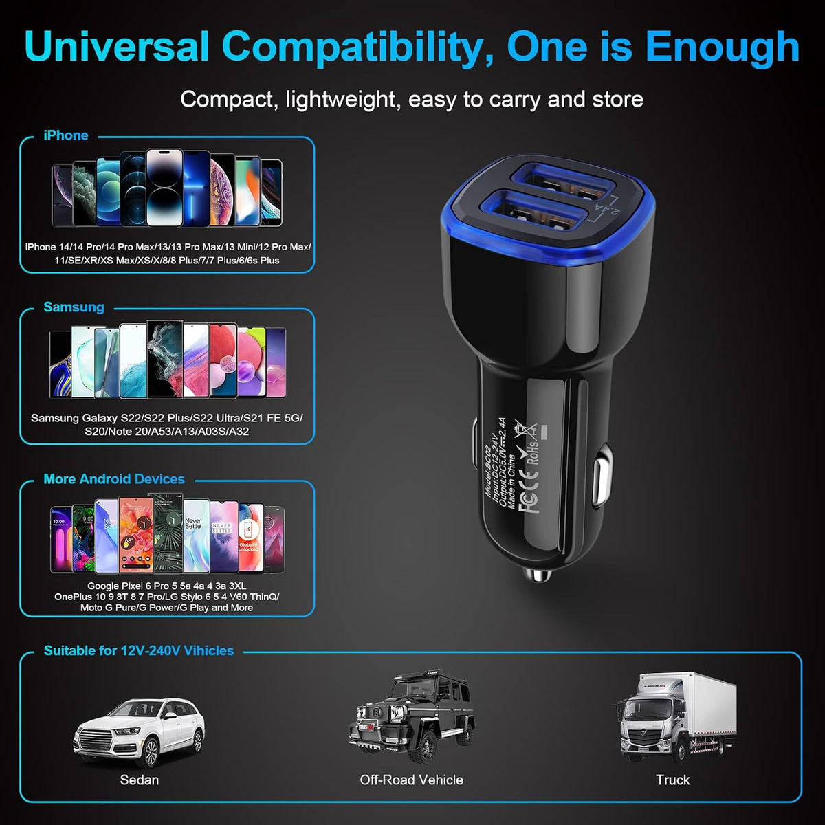 Car Charger iPhone,5Pack 2.4A 12V USB Adapter Car Cigarette Lighter Charger