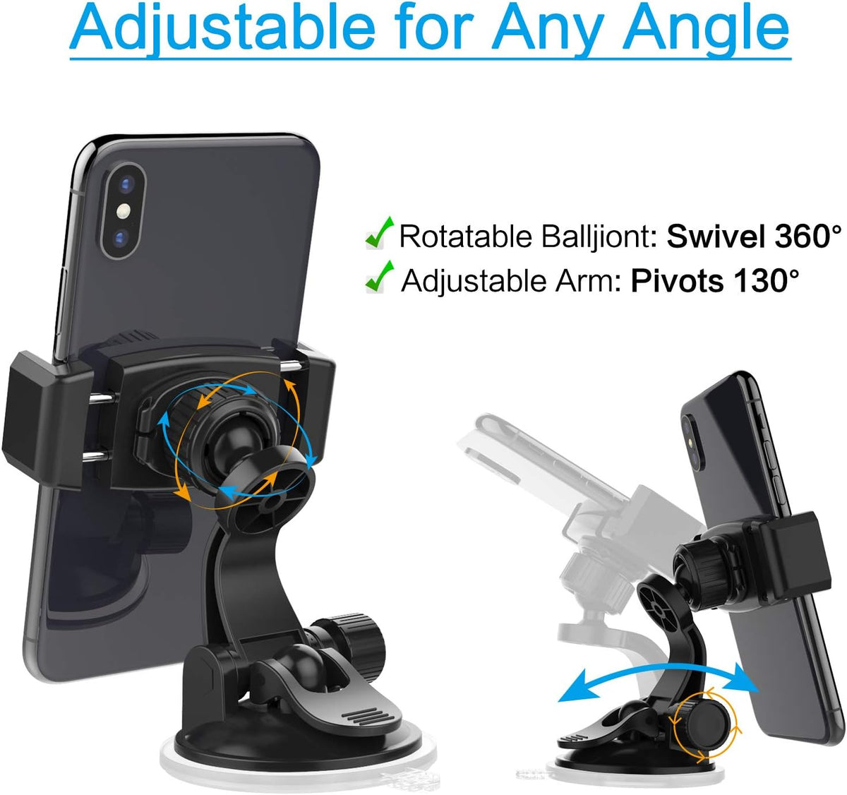 APPS2Car Suction Cup Phone Holder for Car with Adjustable Arm, Low Profile Dashboard Phone Mount Compact Windshield Window Dash Mobile Stand Compatible w/All iPhone and Android Cell Phones