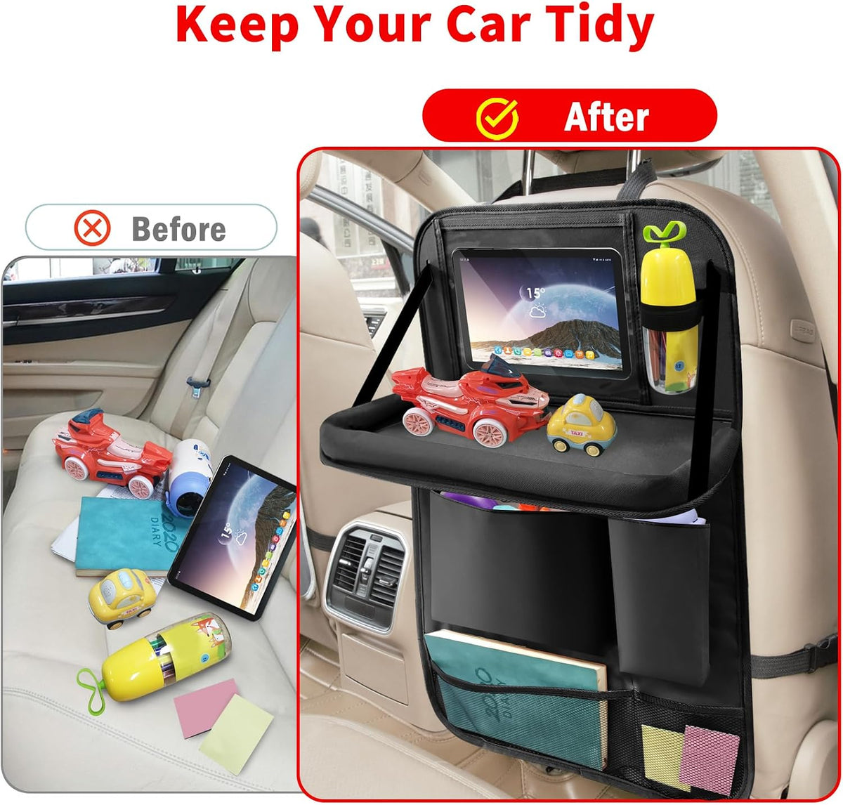 Car Backseat Organizer with Tablet Holder, 6 Storage Pockets Seat Back Protector with Foldable Tray, Kick Mats Back Seat Cover for Kids Toddlers, Travel Accessories, 1 Pc