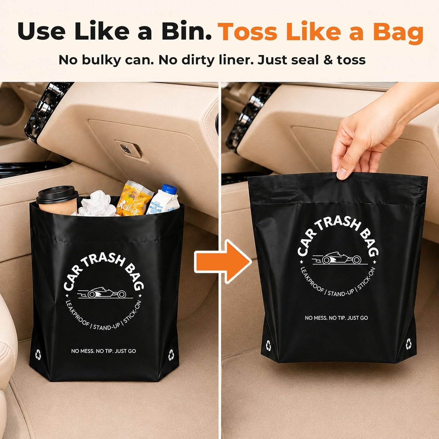COZILO Disposable Car Trash Bags, 60 Count Stand-Up & Stick-On Car Garbage Bags, 2 Gallon Leakproof Odor Seal Heavy Duty Car Trash Can Alternative for Car SUV Truck