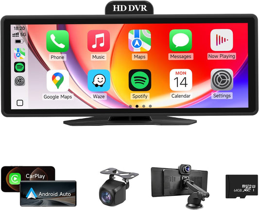 10.26'' Portable Carplay Screen for Car with Dash Cam & Backup Camera