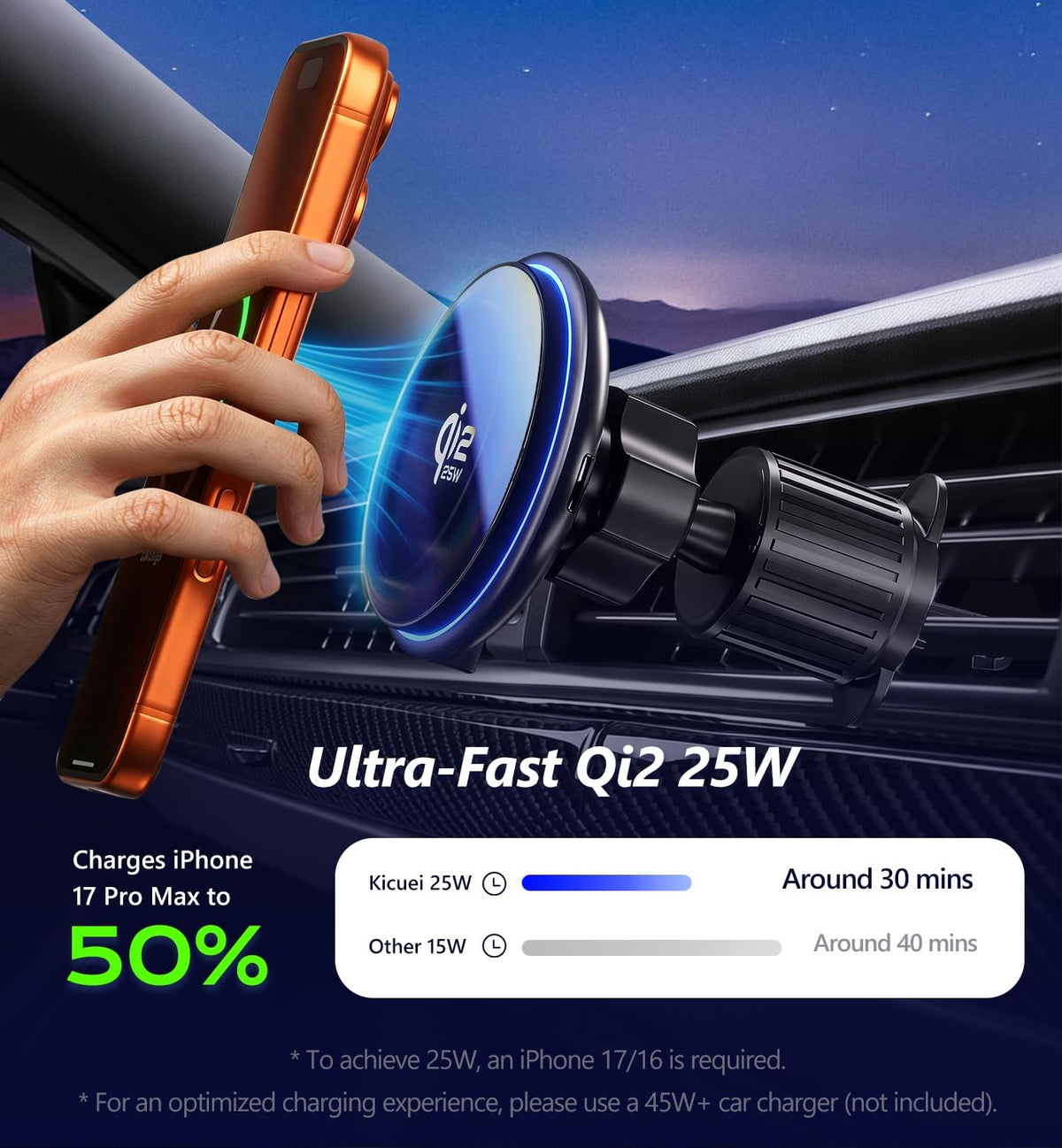 for Qi2.2 25W MagSafe Wireless Car Charger Mount with RGB Light Magnetic