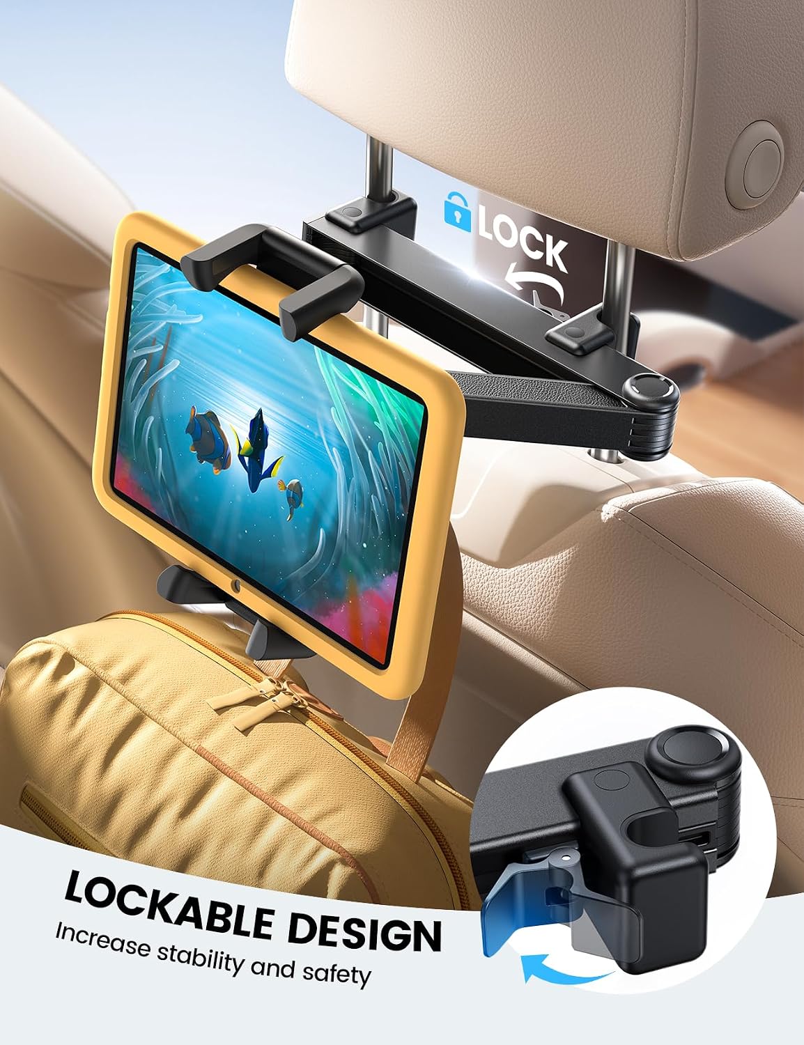 Lamicall Car Headrest Tablet Holder - [Lockable] [Thick Case Friendly] [Foldable Clip] Car Backseat Tablet Mount, Gifts Car Accessories for Kids, for iPad Pro, Air, Mini, Fire HD, 4.7-13" Tablets