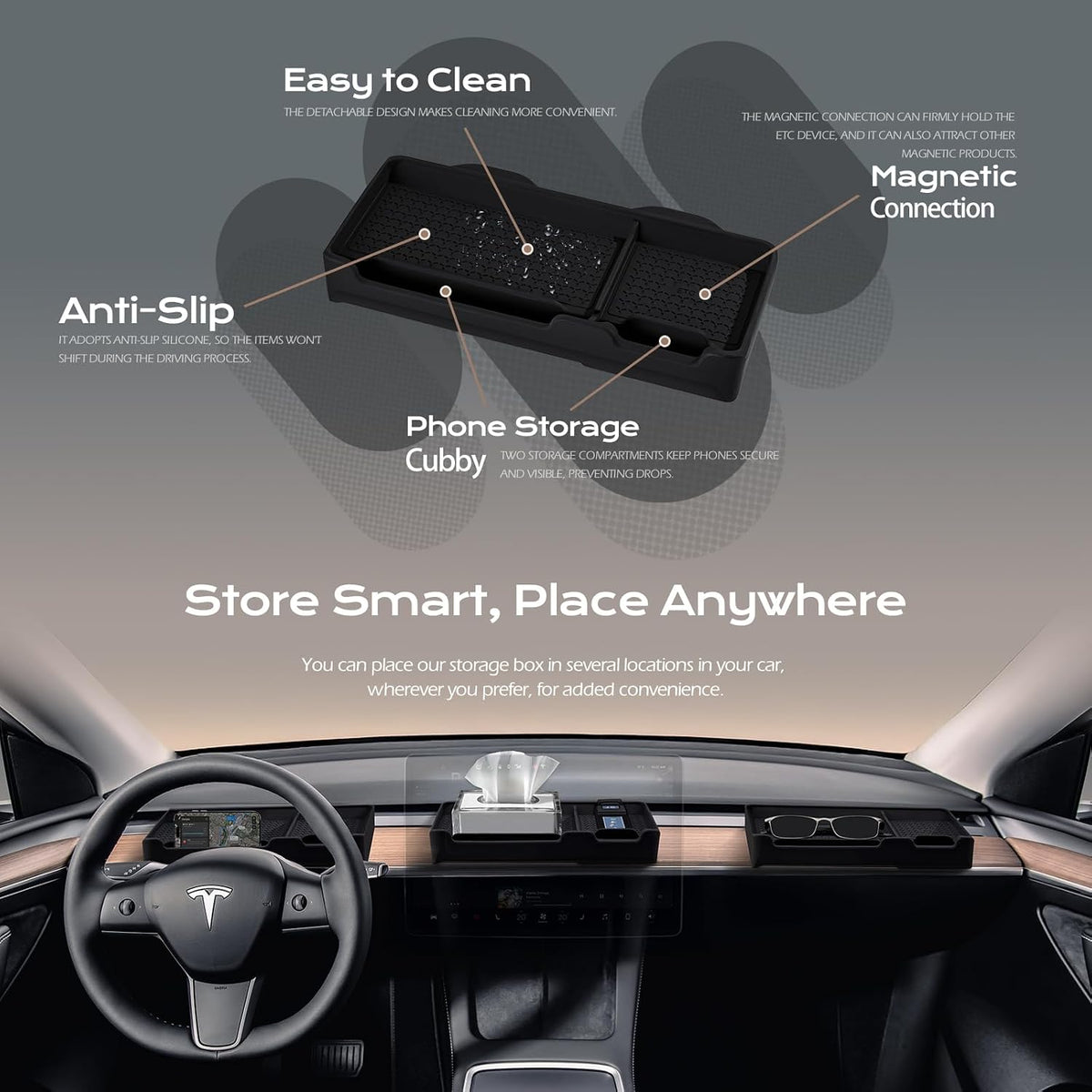 AUTOR Behind Screen Storage Box Center Console Organizer for Tesla Model 3/Y Tissue Box Sunglasses & Phone Holder Fits for 2016-2023 Model 3 and 2019-2024 Model Y