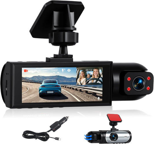 CAMECHO Dual Dash Cam Front and Inside, 1080P Dash Camera for Cars, 3.16 Inch Display, Night Vision, Loop Recording, Wide Angle, Exposure Compensation, Dashcam Driving Recorder
