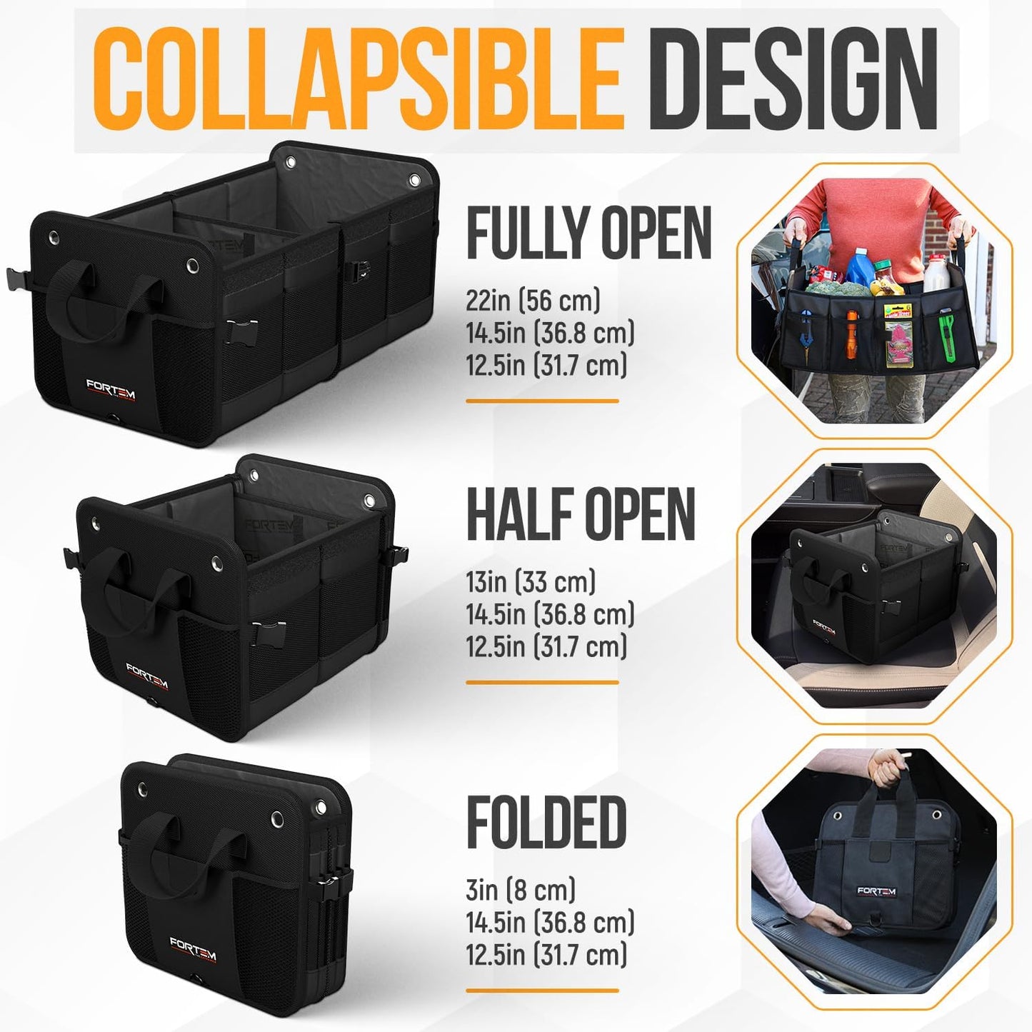 FORTEM Trunk Organizer For SUV Car Organizer and Storage, Collapsible Multi-Compartment Storage Bag Car Accessories for Women Men, 1680D Oxford, Non Slip Bottom, Adjustable Straps, Soft Cover (65L)