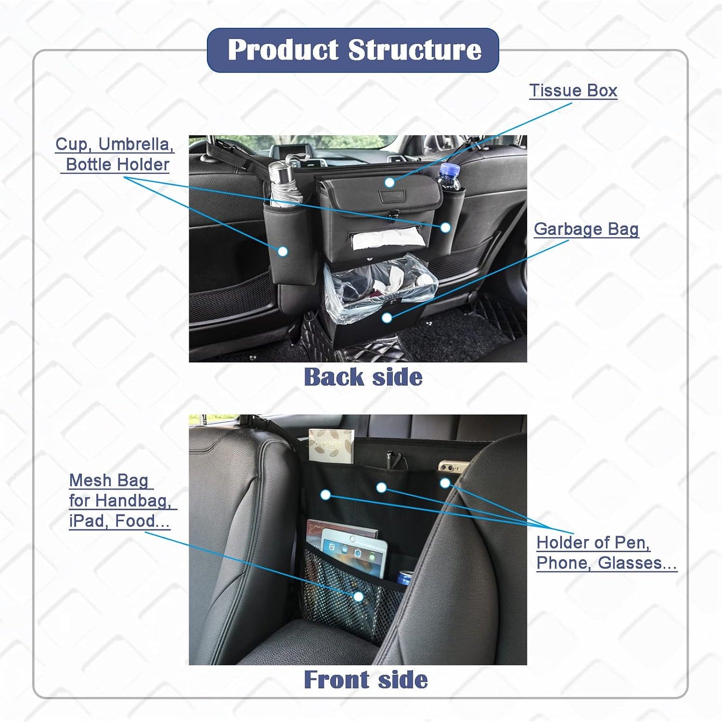 Car Organizer Between Seats, Garbage Trash Bag, Purse Holder, Dog Barrier | AMEIQ Car Accessories, Rubbish Can, Waster Litter Recycle Bin, Storage Bag Between Front Seats, Tissue Handbag Holder, Black