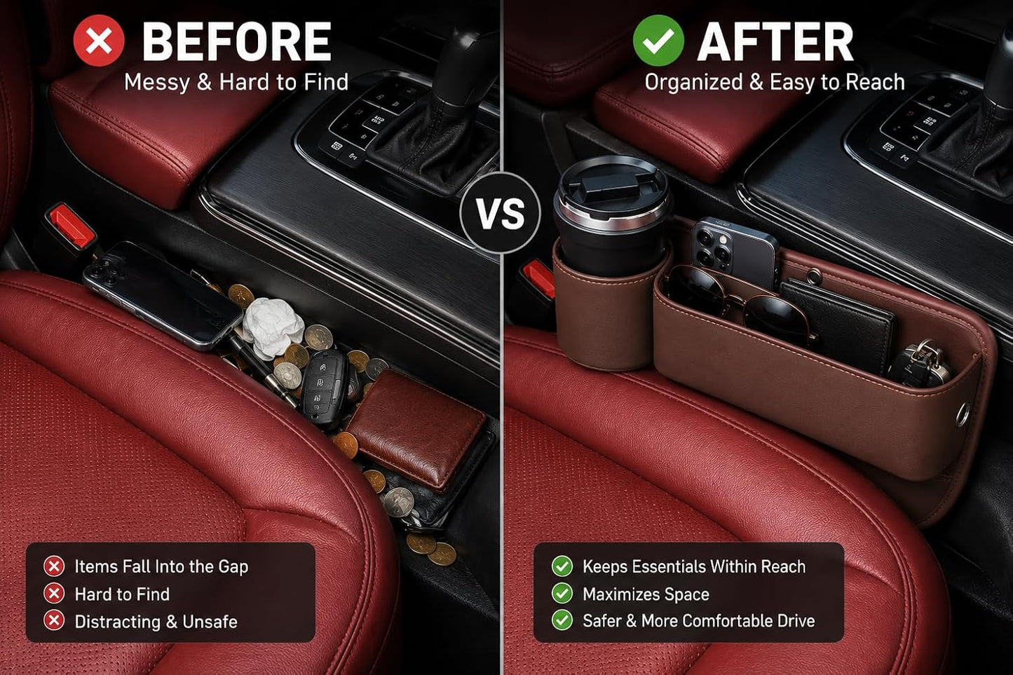 Car Seat Gap Filler Organizer with Cup Holder, Premium Leather Seat Gap Filler, Anti-Drop Car Seat Gap Organizer for Phone, Keys & Wallet, Universal Front Seat Console Organizer for Car, SUV & Truck
