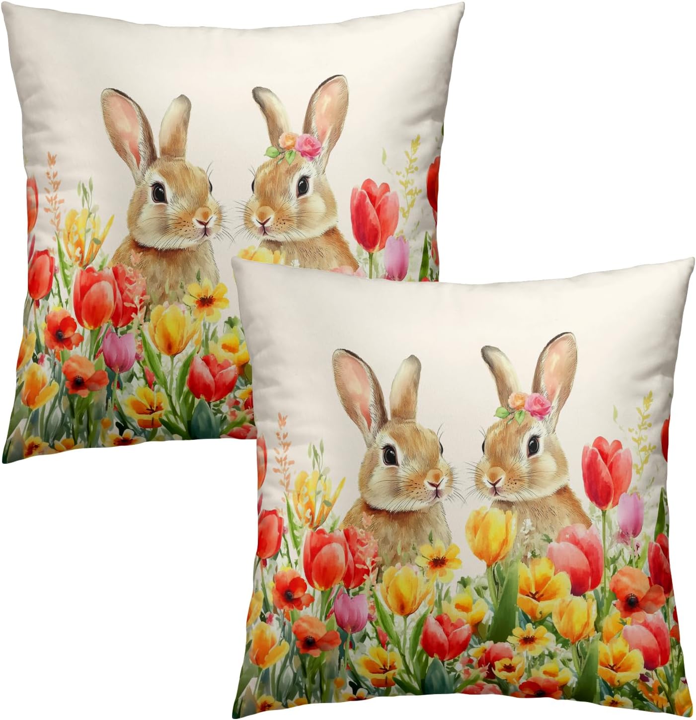 Giwawa Easter Bunny Throw Pillow Covers 16x16 Inch Set of 2 Spring Floral Decorative Pillow Cases Cotton Holiday Cushion Cover for Home Sofa Couch