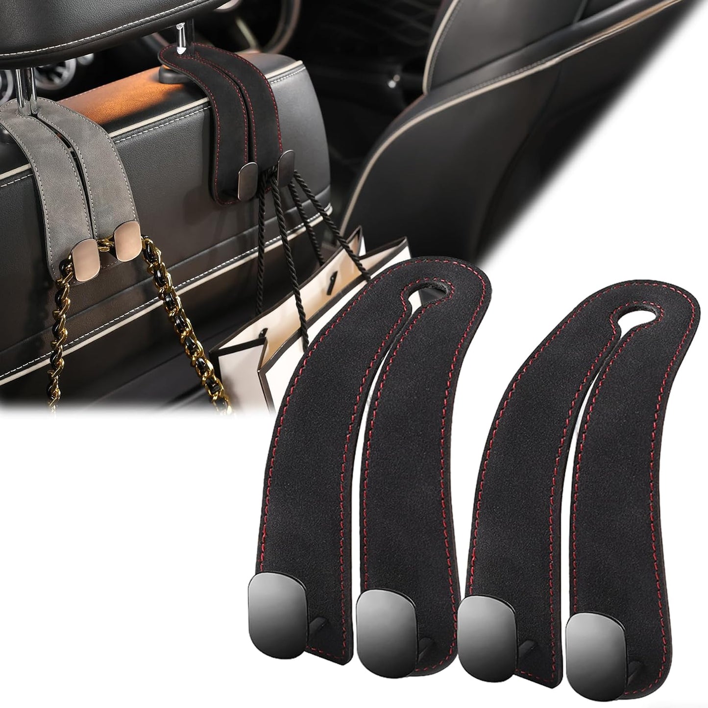WEIHAO Purse Hook for Car Headrest, Suede Car Seat Back Storage Hook, Aluminum Twin Hooks Leather Car Headrest Hangers, Bag Holder for Sedan, Trucks, SUVs, Most Vehicles (Black-2PCS)
