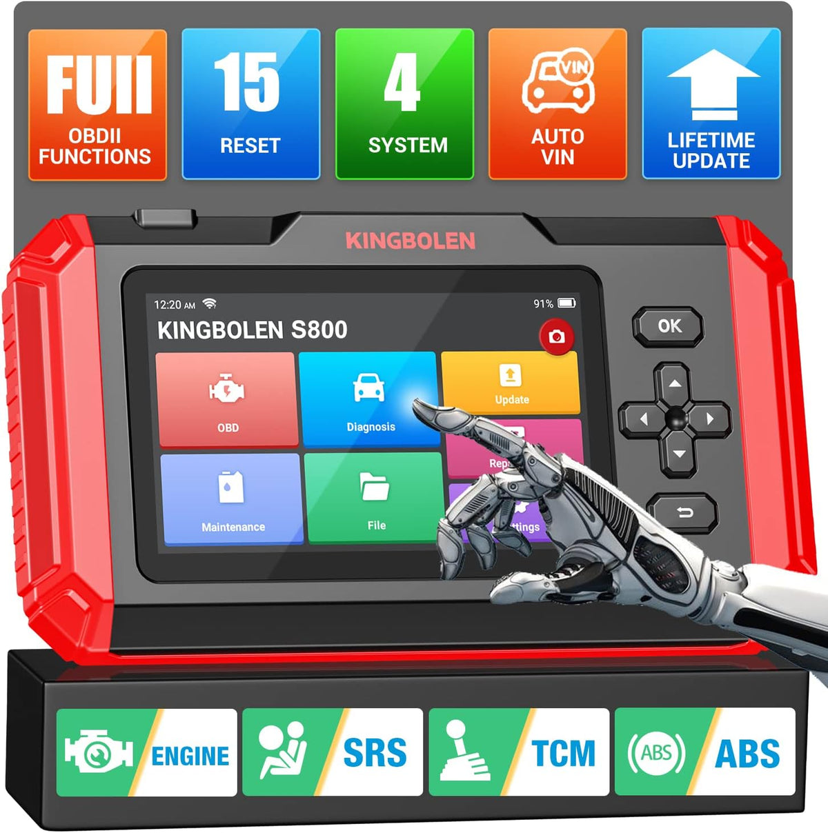 KINGBOLEN OBD2 Scanner S800 Car Scanner, OBD2 Diagnostic Scan Tool with 15 Reset, Oil Brake Throttle Service, Engine ABS SRS Transmission Code Reader, Battery Test, AutoVIN, Lifetime No Charge Update
