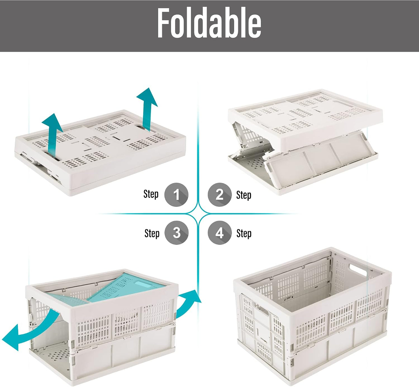 52L Collapsible Heavy Duty Storage Bin/Container, Stackable Folding Plastic Bin, Grated Wall, Utility (1, Square, 52, Liters, Bin Grey)