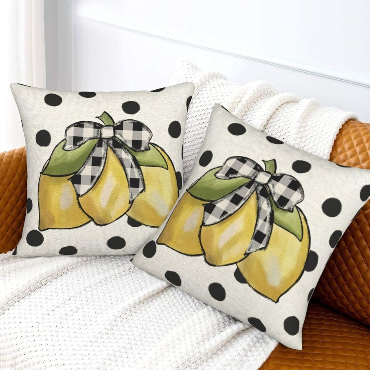 Summer Pillow Covers 18x18 Set of 2, Yellow Lemons Polka Dots Decorative Throw Pillow Cases Watercolor Summer Seasonal Linen Decorations for Home Bed Car Spring Decor