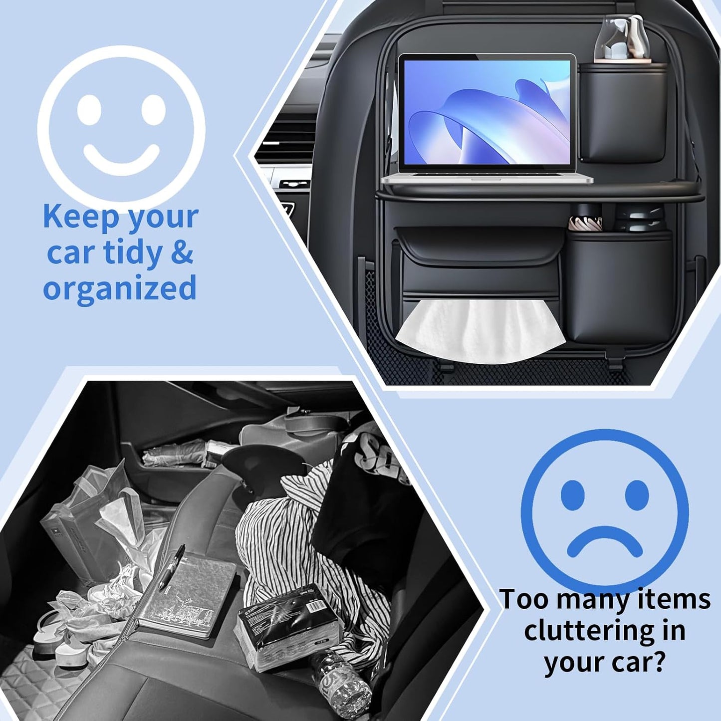 Car Backseat Organizer with Foldable Table Tray,Hanging Storage Bag with Touch Screen Phone Holder,Premium PU Leather Material,Compatible with Most Vehicles,Inner Car Accessories