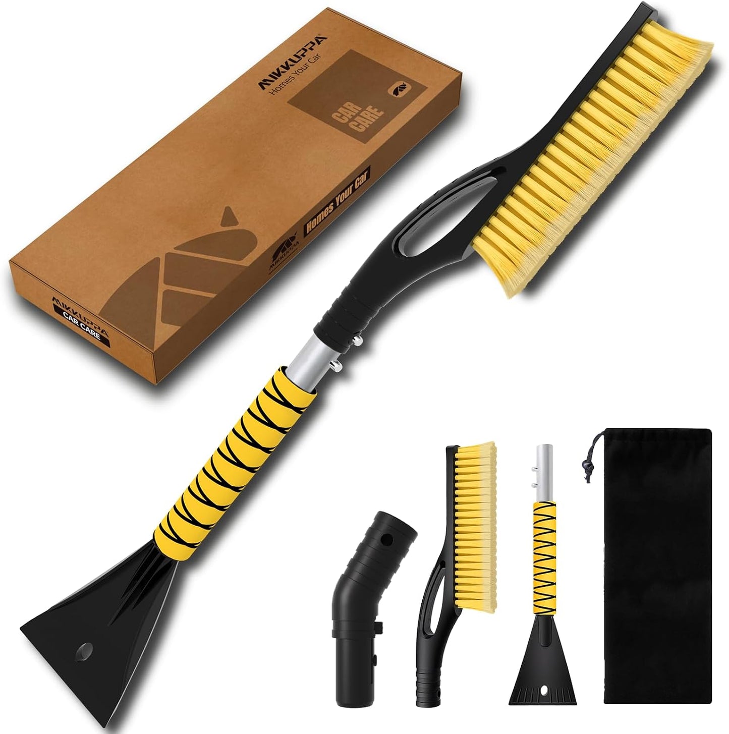 MIKKUPPA 27" Snow Brush and Ice Scrapers for Car Windshield, Yellow | Detachable Windshield Scraper, Snow Removal Tool with Curved Connector & Ergonomic Foam Grip for Cars, Trucks, SUVs