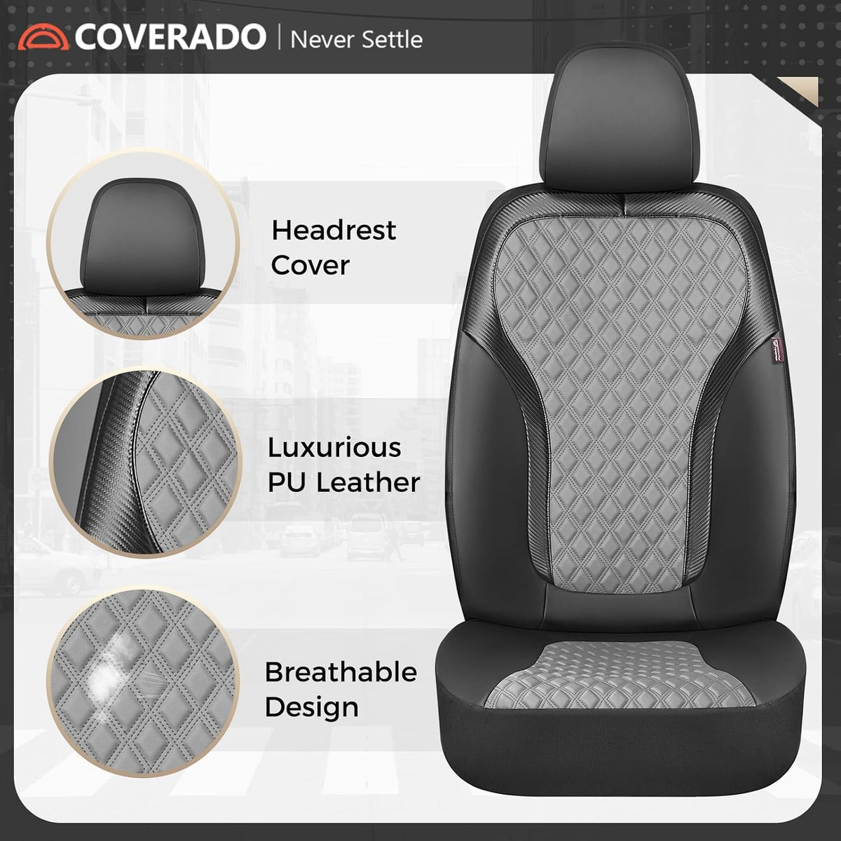 Coverado Car Seat Covers for Front Seats, Luxury Leather Car Seat Cover with Carbon Fiber Weave, Waterproof Automotive Seat Protectors, Driver Seat Covers Universal Fit Most Cars, Black&Gray