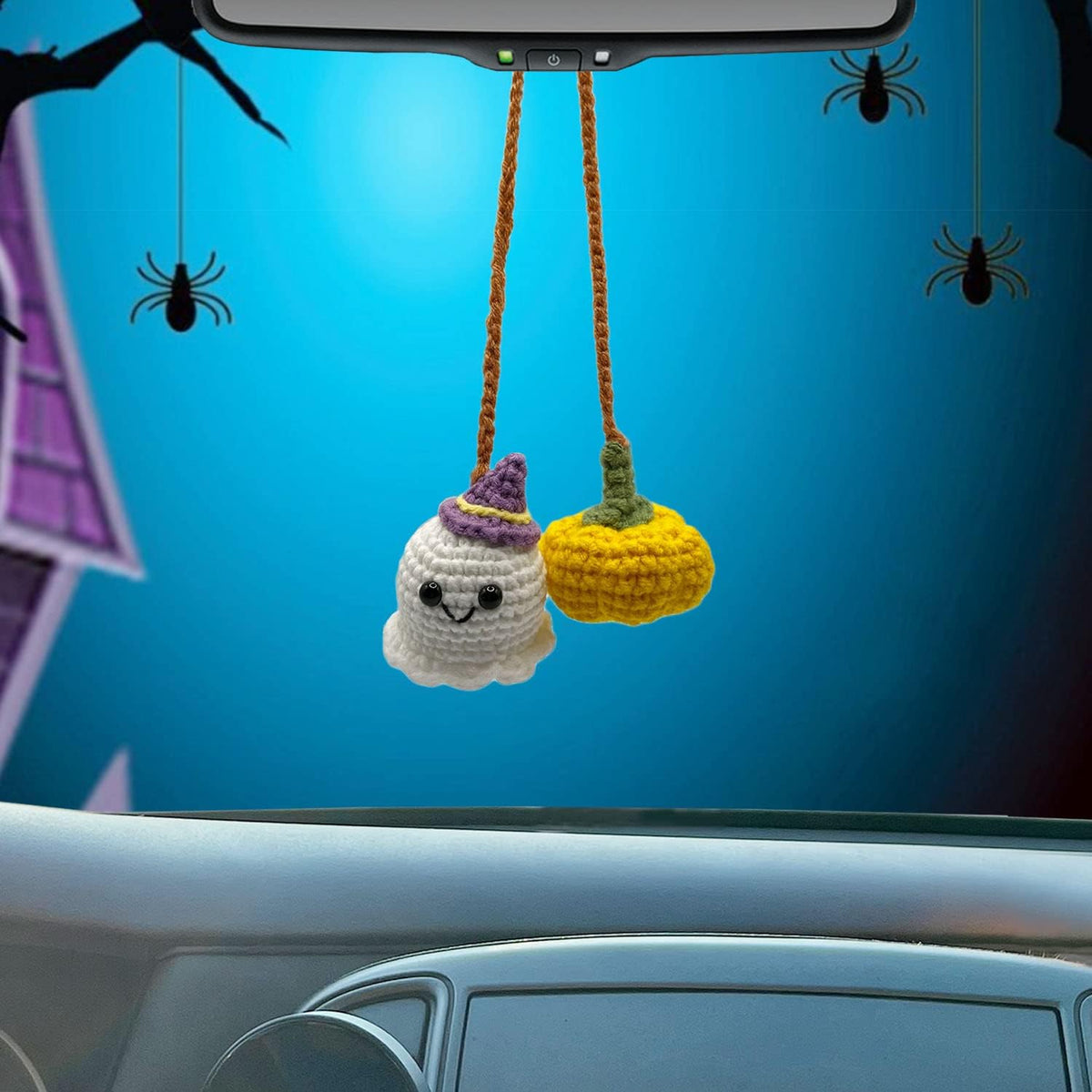 Halloween Outdoor Decorations Crochet Pumpkin and Ghost Car Decor for Rear View Mirror, Hand-Woven Mirror Charm Car Accessories for Women or Men (Orange Pumpkin and Ghost)
