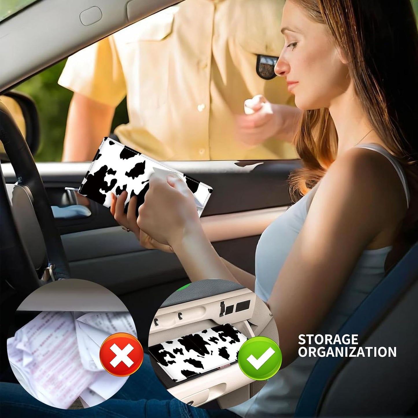 Leather Car Registration and Insurance Card Holder, Cute Car Accessories Vehicle Glove Box Car Organizer for Documents, Cards, License Black White Cow