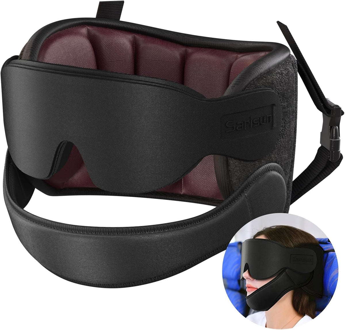 SARISUN Travel Pillow, Car Travel Pillow with 3D Eye Mask for Sleep, 360° Head Support Strap for All Car Seat, Road Trip Essentials, Stop Bobblehead, Black
