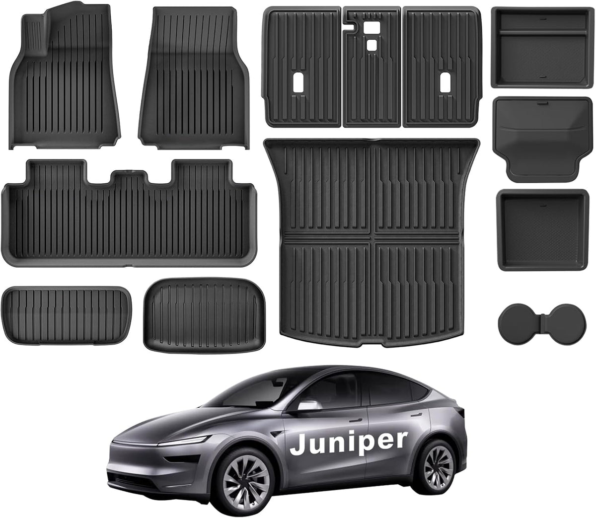 Weize 2025 2026 Tesla Model Y Juniper All Weather Cargo Liner Floor Mats 9 PCS & Double Layer Center Console Organizer 4 PCS, Full Coverage Tesla Interior Accessories Kit(Not for Standard)