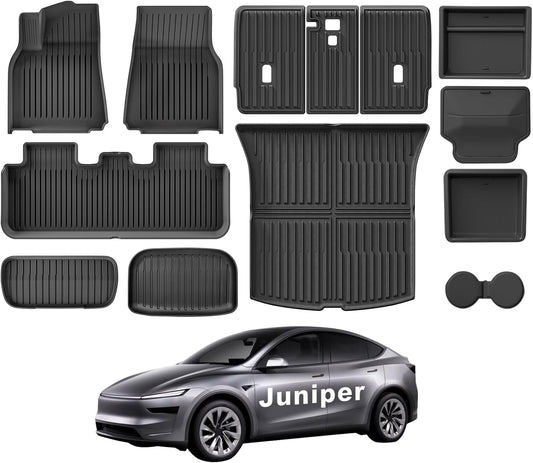 Weize 2025 2026 Tesla Model Y Juniper All Weather Cargo Liner Floor Mats 9 PCS & Double Layer Center Console Organizer 4 PCS, Full Coverage Tesla Interior Accessories Kit(Not for Standard)