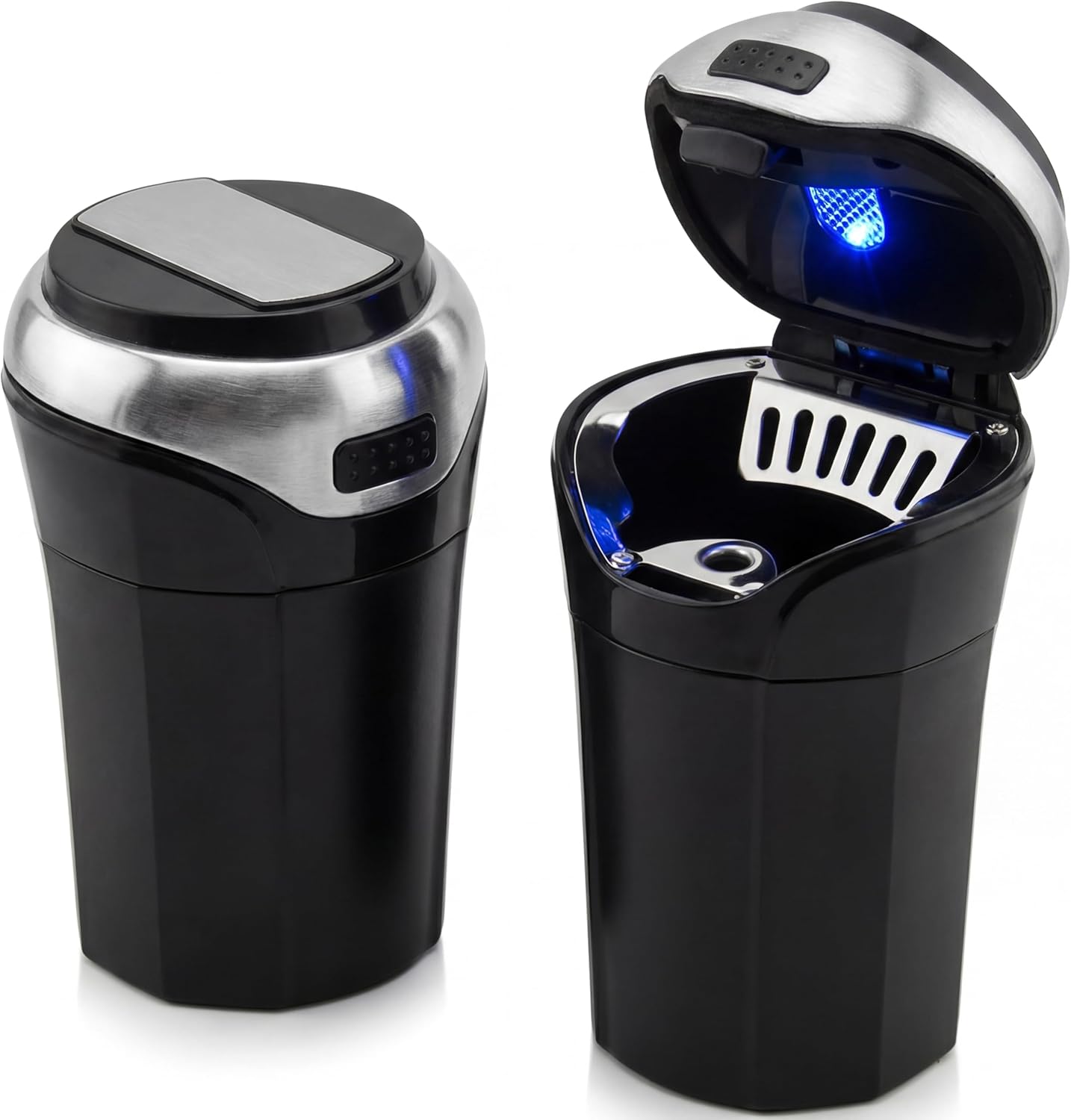 TAKAVU Car Ashtray, Detachable Stainless Lid, Blue LED & Lighter (Silver) | Easy Clean-Up Detachable Ashtray, Fits Most Vehicle Cup Holders, Removable Lighter & Illuminated Lid