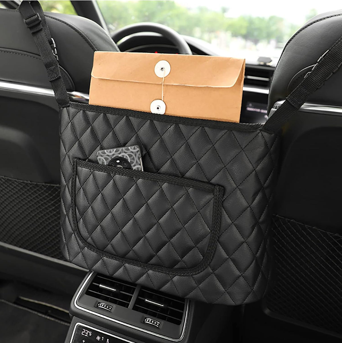 Car Purse Holder - Durable Leather Seat Back Organizer with Handbag Holder, Front Seat Storage Barrier, Backseat Pet & Kids Driver Storage Netting Pouch