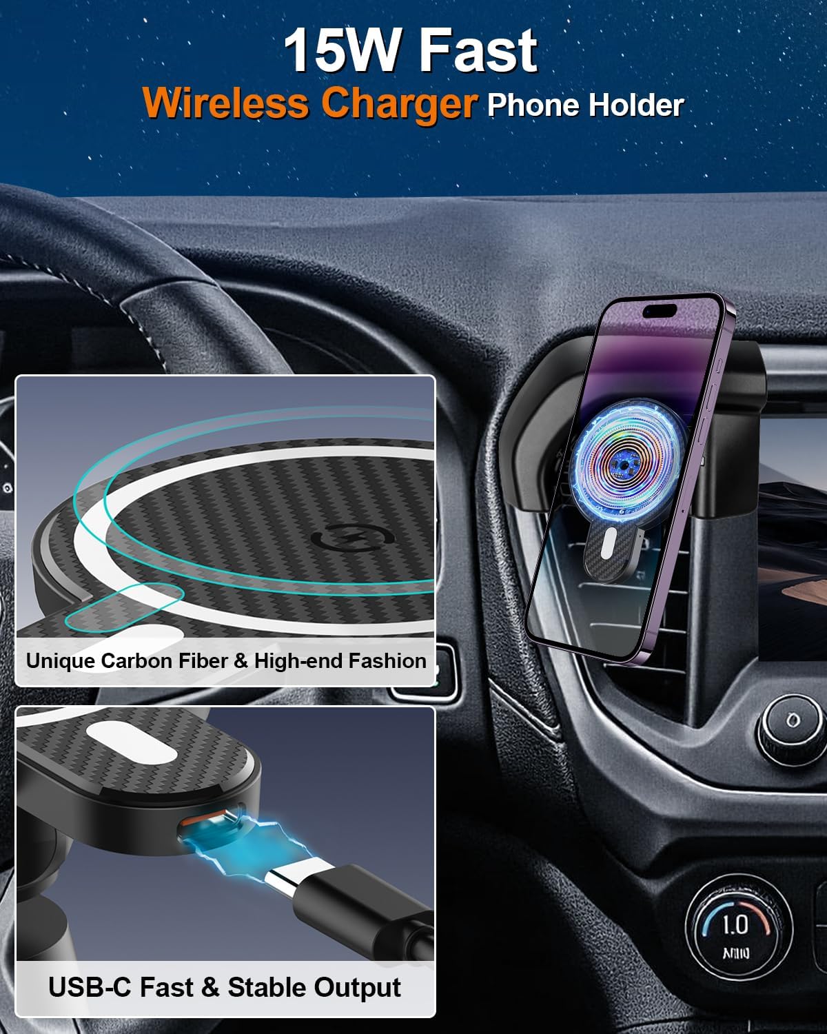 15W Fast Wireless Charger Phone Holder for GMC Acadia 2017-2023 Accessories