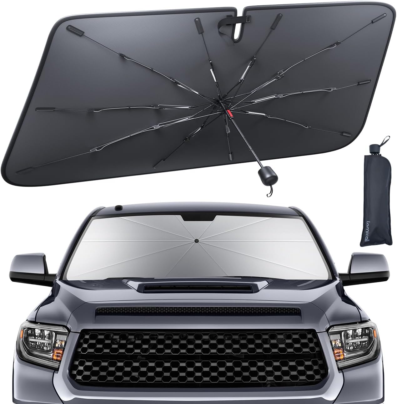 Lamicall Car Windshield Sunshade Umbrella - Foldable Car Windshield Sun Shade Cover, 5 Layers UV Block Coating, 52"x31" Front Window Heat Insulation Protection, for Auto Sedan, SUV Windshield