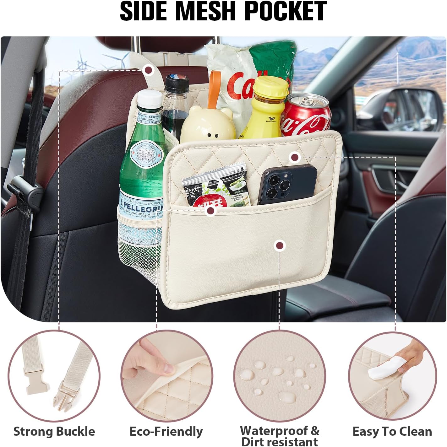 LXUNYI Back Seat Car Organizer, Large Car Seat Organizer with Cup Holders Multifunctional Over the Car Seat Organizer Backseat Hanging Leather Car Seat Organizers and Storage Bags(Beige 1Pack)