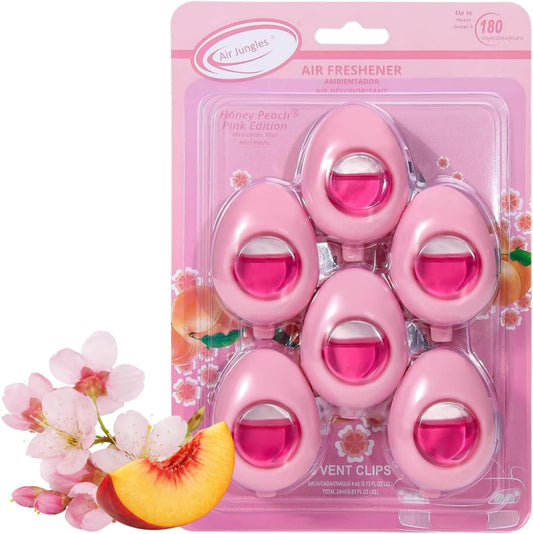 Air Jungles Car Air Freshener Vent Clip 6 Ct, Honey Peach Scent | Pink Edition, Long-Lasting Sweet Fruit Fragrance & Odor Eliminator for Car Interiors, 4 mL Each, Lasts Up to 180 Days