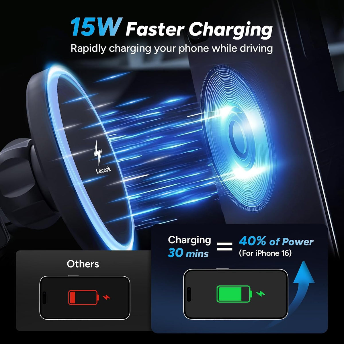 Lecork for Magsafe Car Mount, 15W Magnetic Wireless Charger for iPhone, Magsafe Air Vent Car Holder Charger for iPhone 16 Pro Max/16/15/14 13 12, Samsung S25/S25+/Ultra, RGB LED Design
