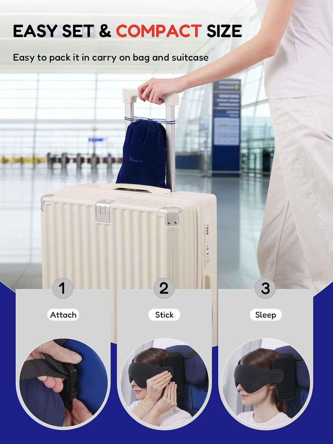 Travel Pillow for Airplanes Head Strap Support, 3D Eye Mask | 360 Airplane Sleep Support Headrest Pillow No Bobbing Head Sleeping Aid Travel Essentials for Long Flights/Car/Trip Blue