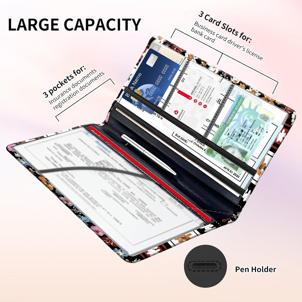 Premium Car Registration and Insurance Card Holder, Cute PU Leather Car Document Holder, Vehicle Glove Box Car Organizer with Magnetic Closure for Driver License, Cards Stripe Floral