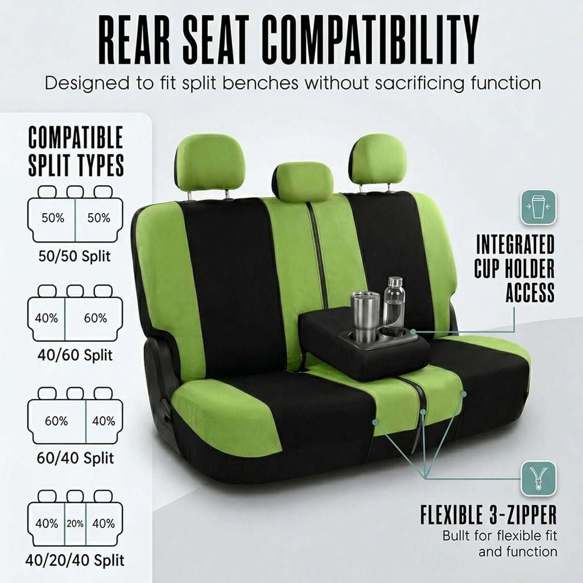 Automotive Seat Covers Green Universal Fit Combo Set with Steering Wheel Cover and Seat Belt Pad fits most Cars, SUVs, and Trucks (Airbag Compatible and Split Bench) FH Group FB030GREEN-COMBO