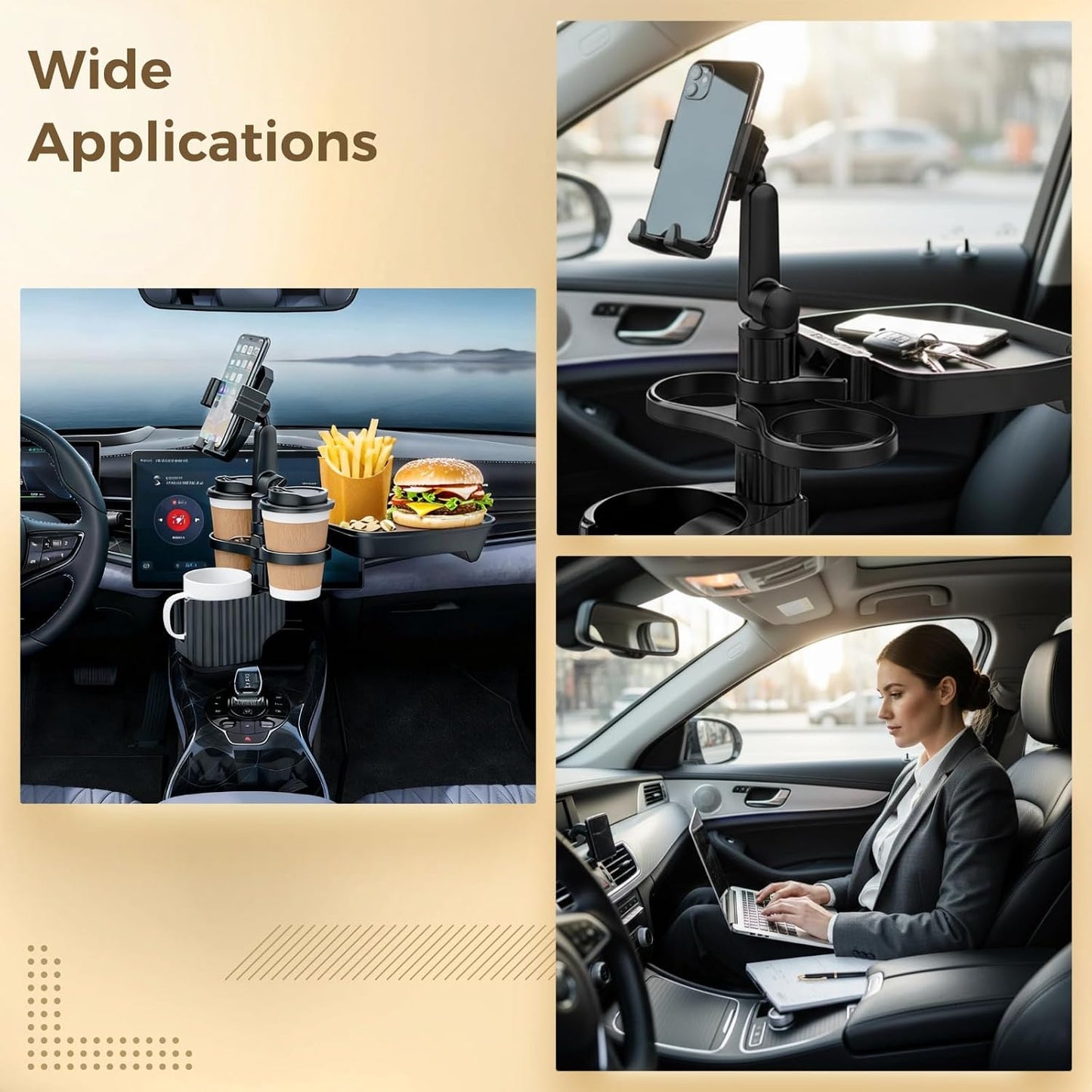 6-in-1 Car Cup Holder Expander with Tray & Phone Mount, Car Food Tray with 360° Rotation Adjustable Base, Car Cup Holder, Ideal for Drinks, Snacks, Foods