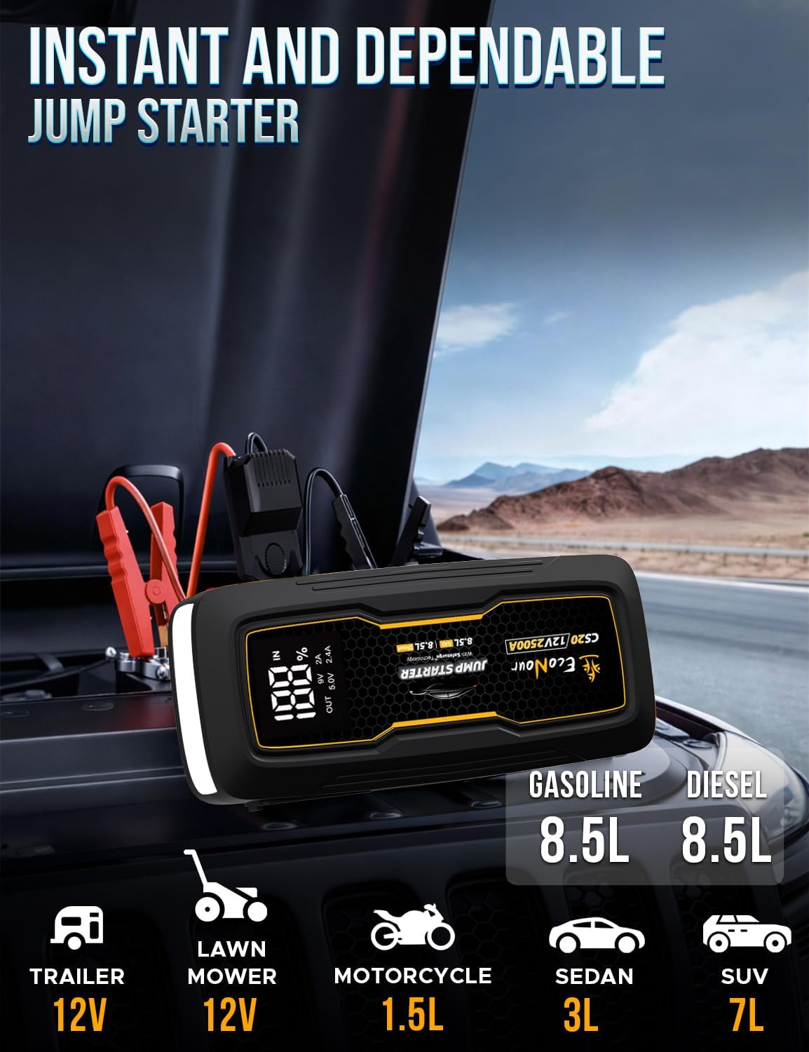 EcoNour 2500A Car Battery Jump Starter 12V Battery Booster Pack Up to 8.5L Gas & 8.5L Diesel Engines – Jump Box with Jumper Cables, USB Charger, LCD Display, LED Flashlight – for Cars, SUVs, Trucks