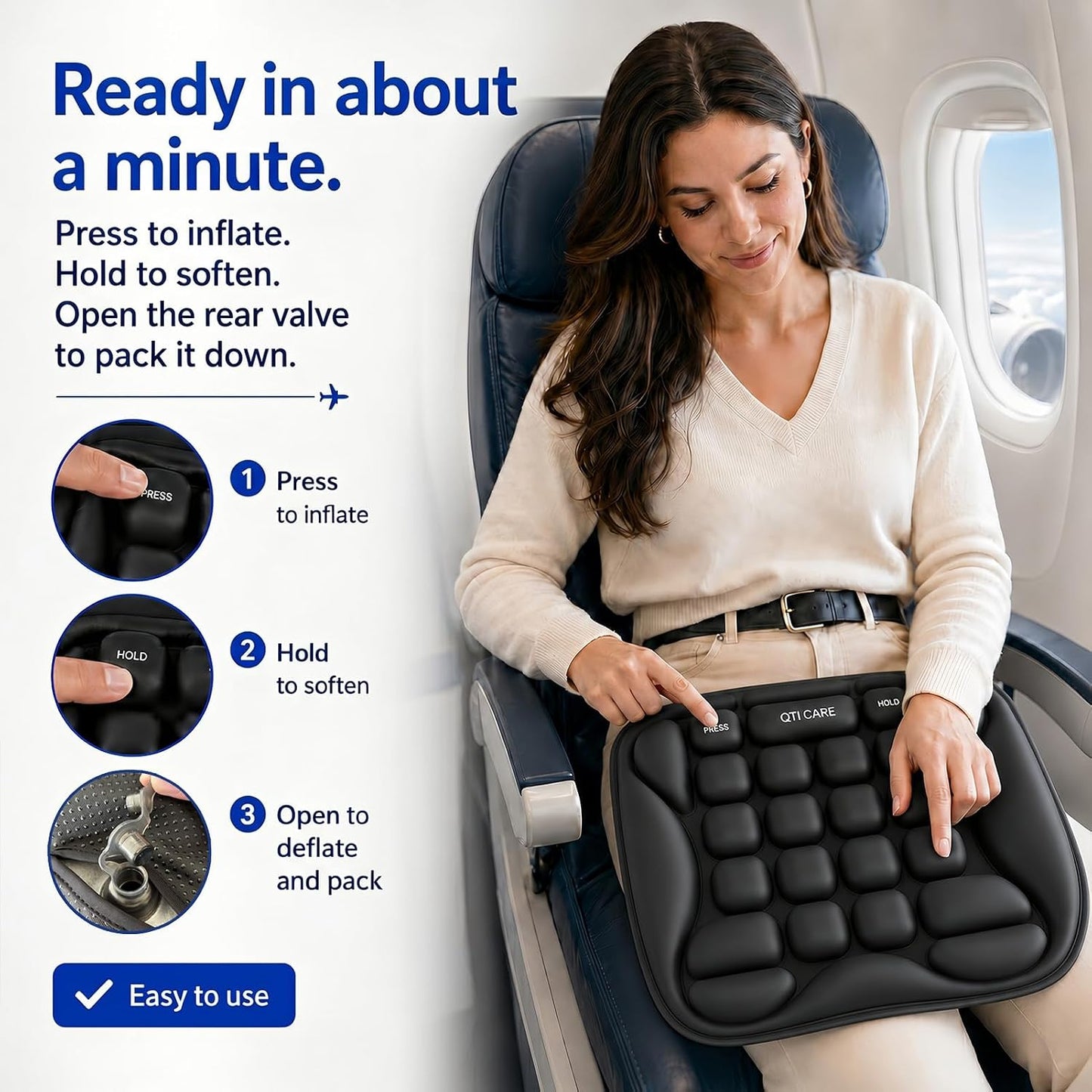 Airplane Seat Cushion, Air-Cell Travel Cushion for Long Flights, Inflatable Portable Seat Pad with Built-in Pump for Air Travel, Car, Office Chair and Wheelchair