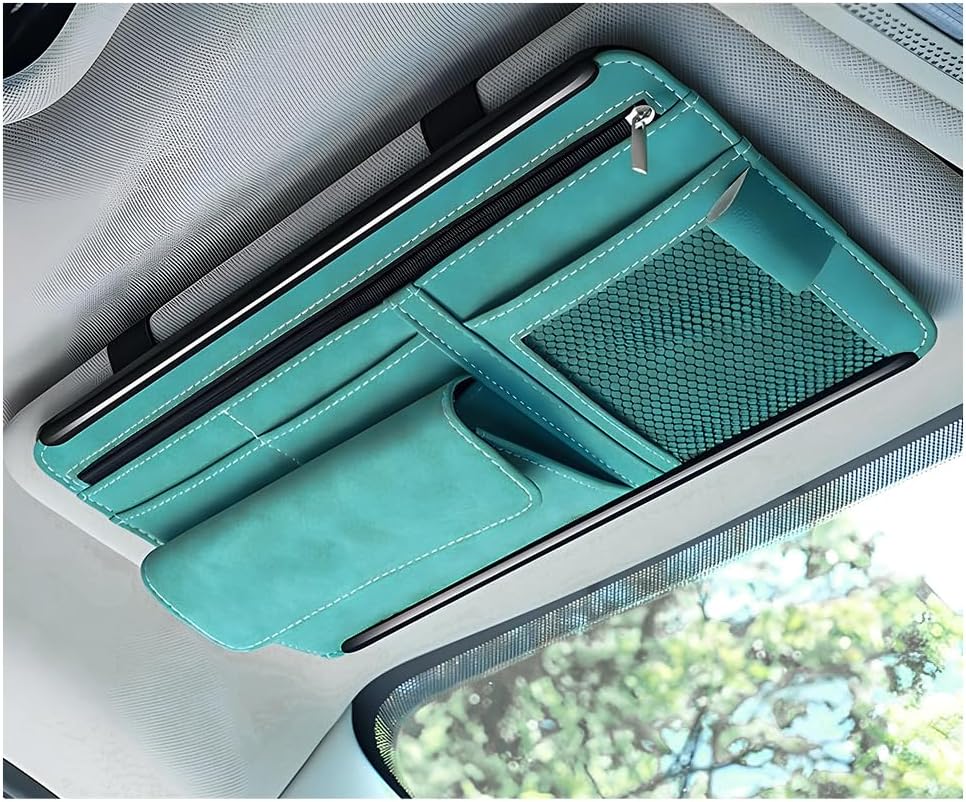 Yourkar Car Sun Visor Organizer, Soft Leather Surface Eyeglasses Note Card Holder Car Storage Bag, Scratch-Resistant Waterproof Auto Sunshade Organizer Bag, Car Accessories (Blue)