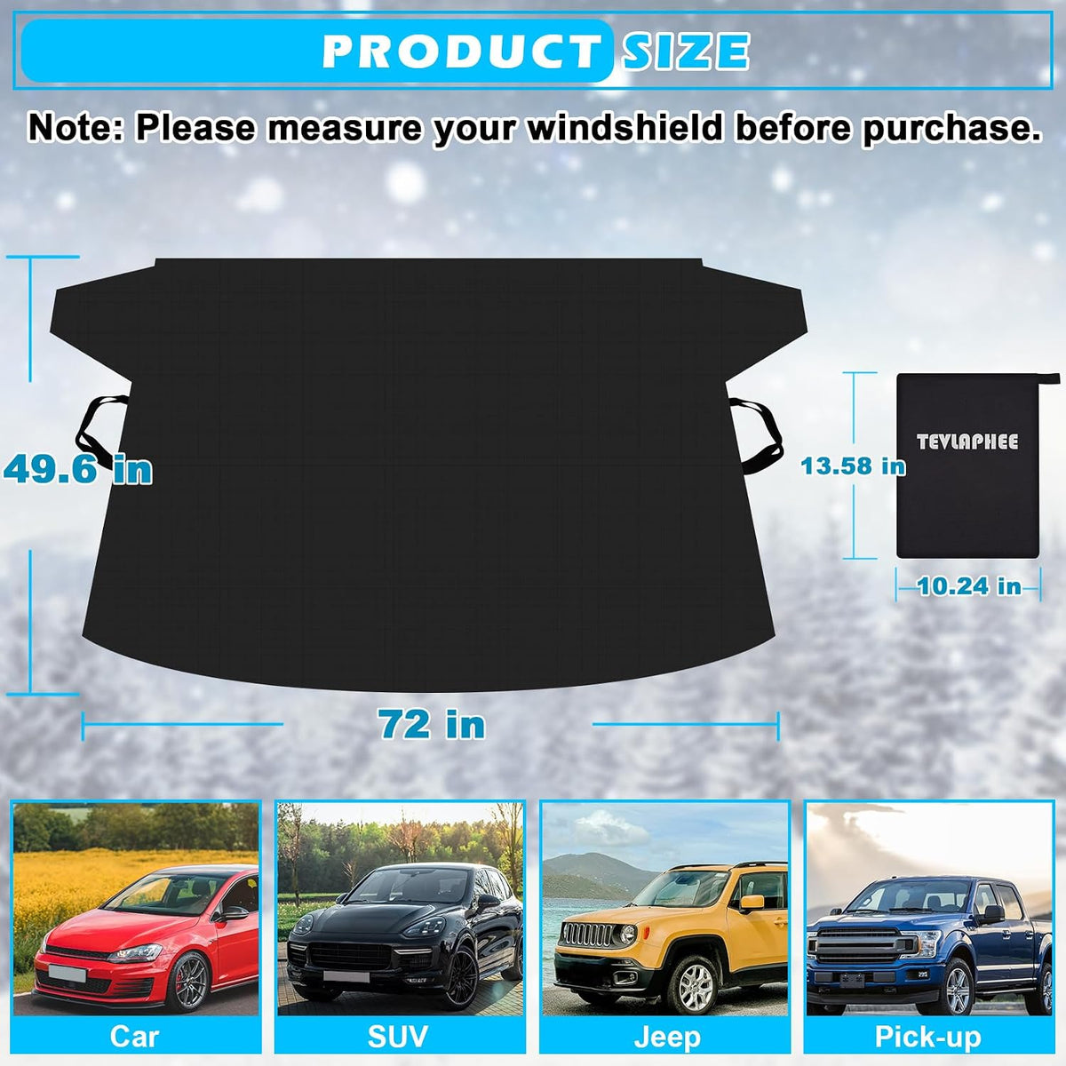 Tevlaphee Windshield Cover for Ice and Snow, Heavy Duty 600D Oxford Fabric, Waterproof, Embedded Magnets, Side Mirror Protector, Fit Most Cars, SUVs, Vans, Truck