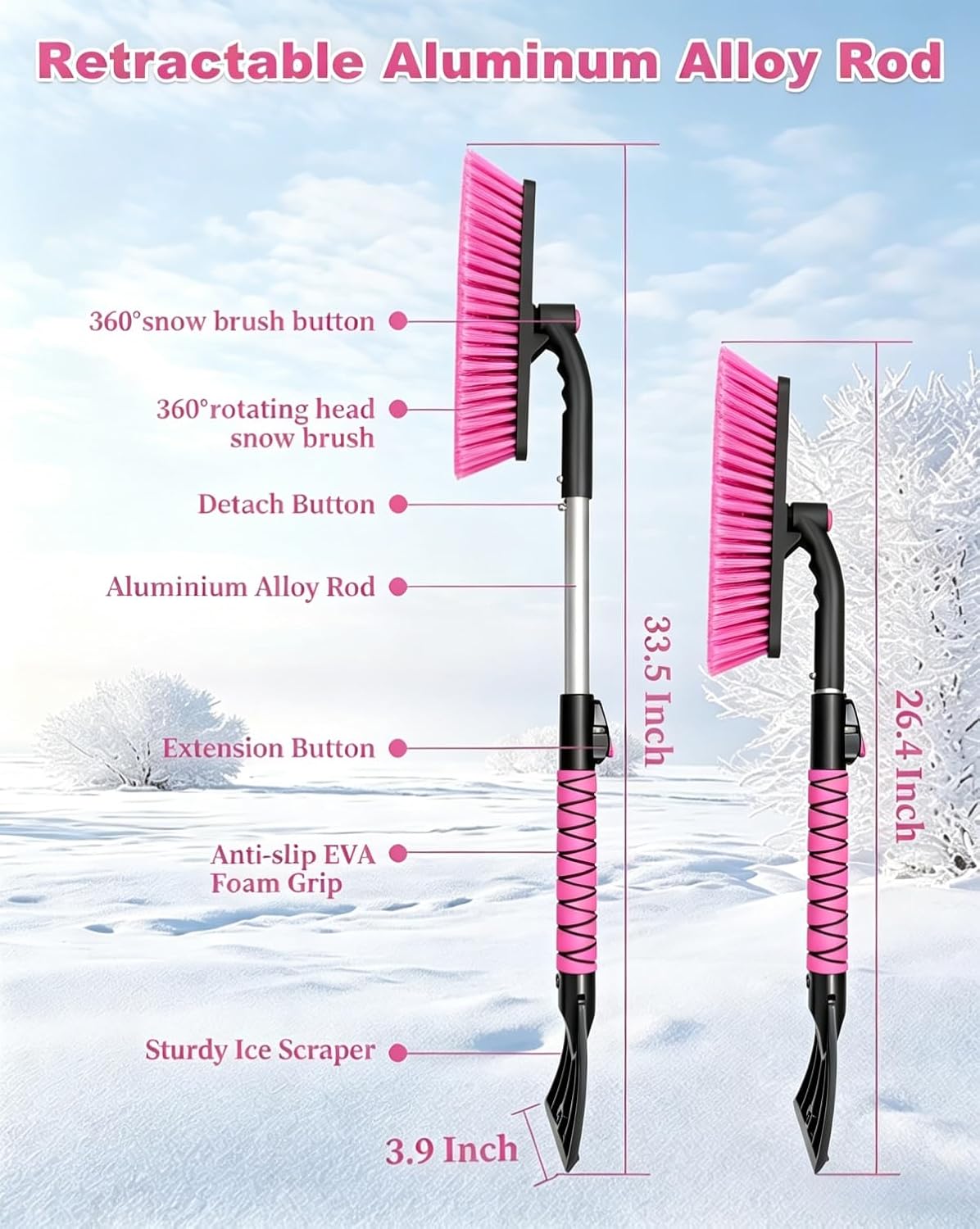 33‘’ Pink Car Snow Brush and Ice Scraper for Windshield