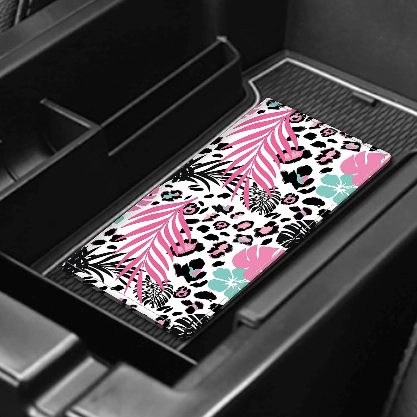 Leather Car Registration and Insurance Card Holder, Cute Car Accessories Vehicle Glove Box Car Organizer for Documents, Cards, License Boho Leaf Leopard
